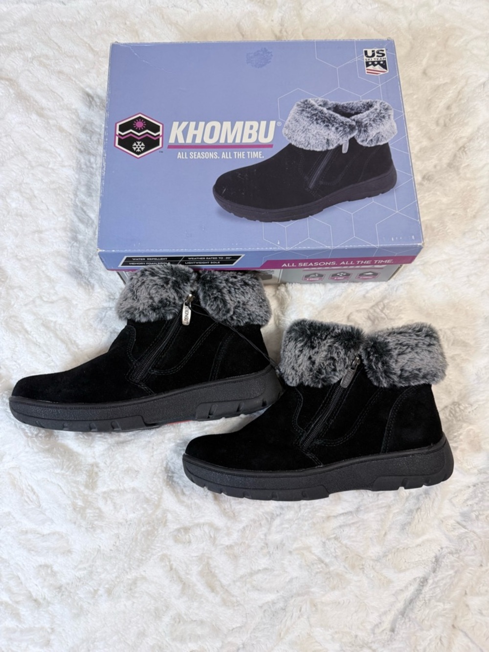 Khombu Black Ankle Boots with Gray Faux-Fur Cuff - size 7- new in box - Picture 10 of 15